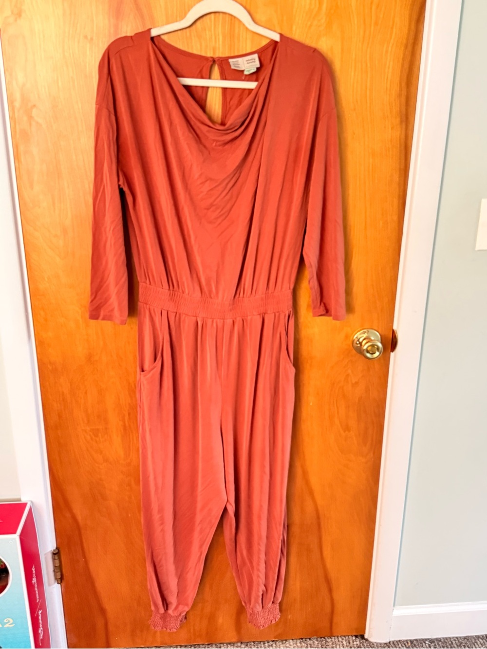 Anthropologie Long-Sleeve Rust Jumpsuit with Draped Neckline